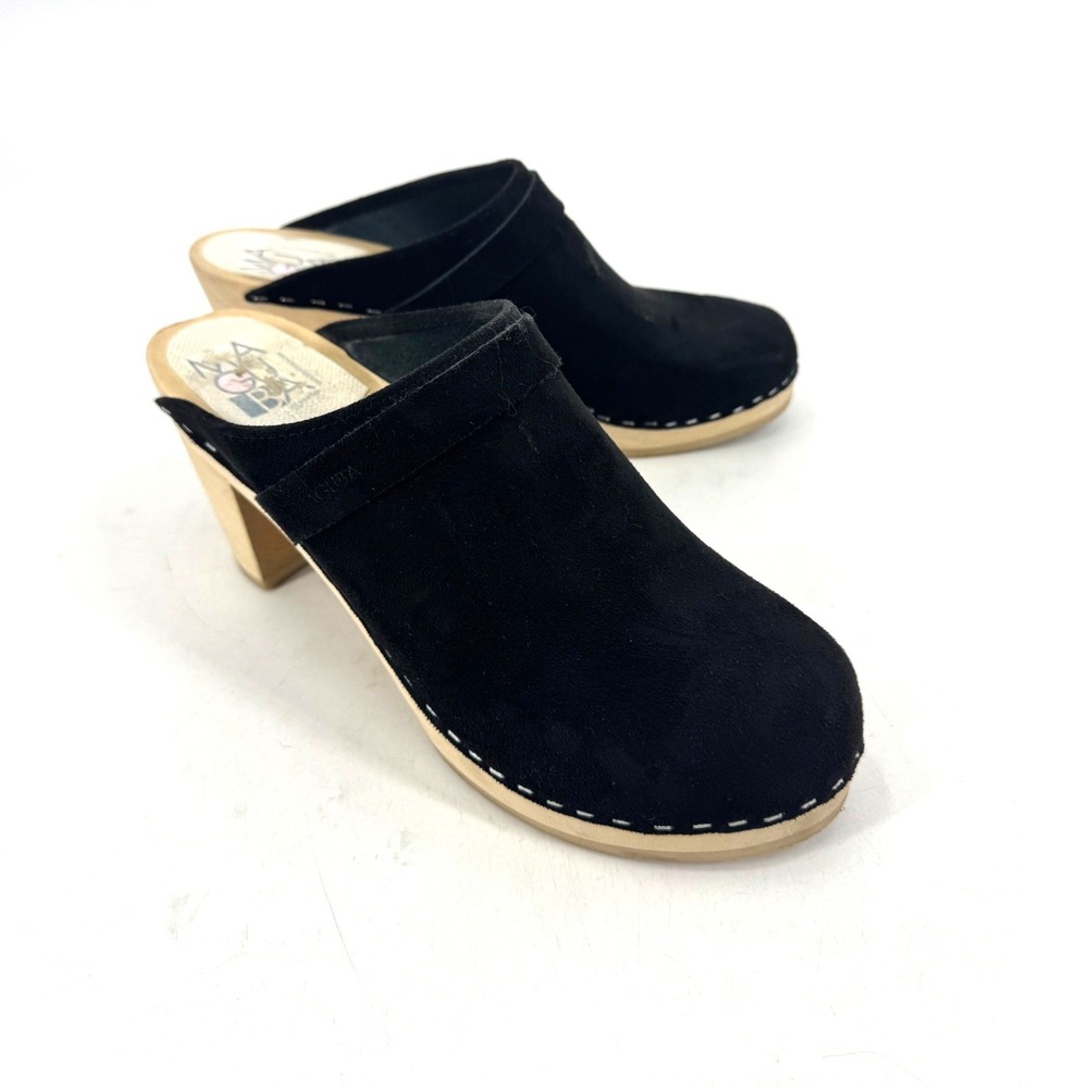 Maguba Black Suede Wooden Clogs Swedish Mules Block Heel Size 40